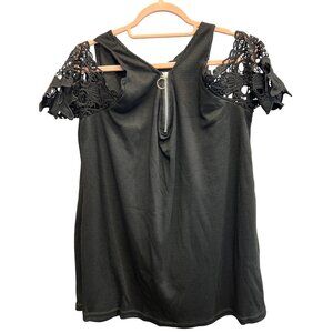 Black Cold Shoulder Top With Lace Sleeves & Front Zipper Detail For Women